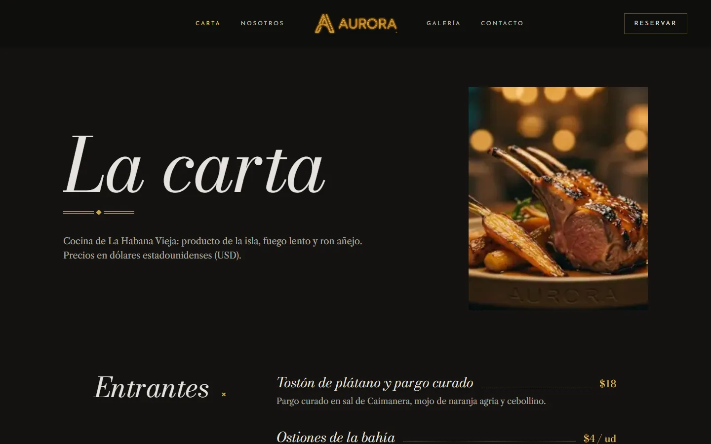 Página La Carta de la demo de Aurora