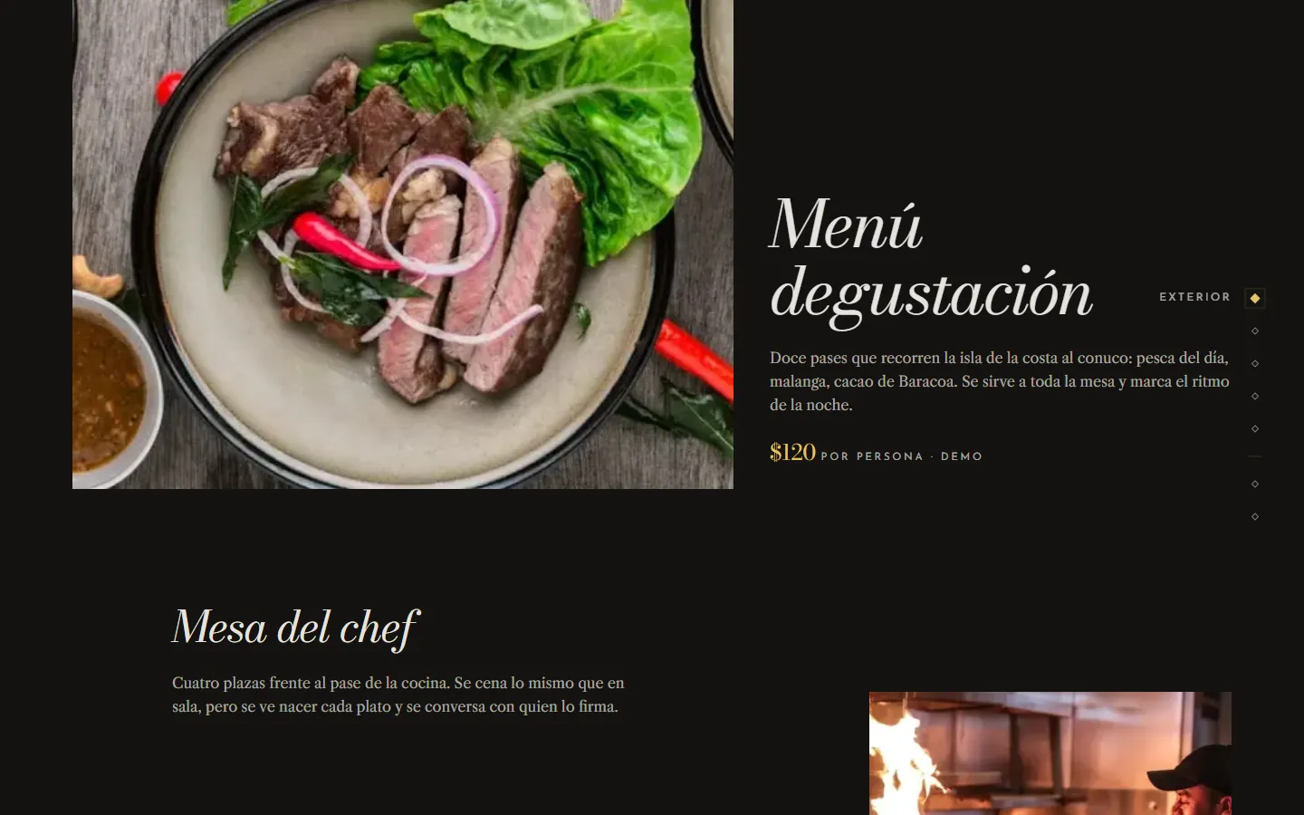 Sección Esencia de Aurora: menú degustación y mesa del chef