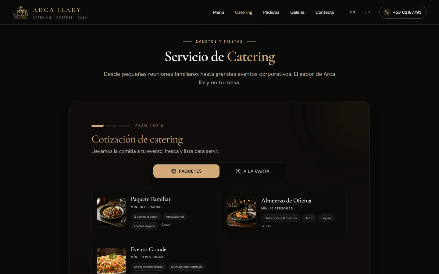 Cotizador de catering con paquetes para eventos