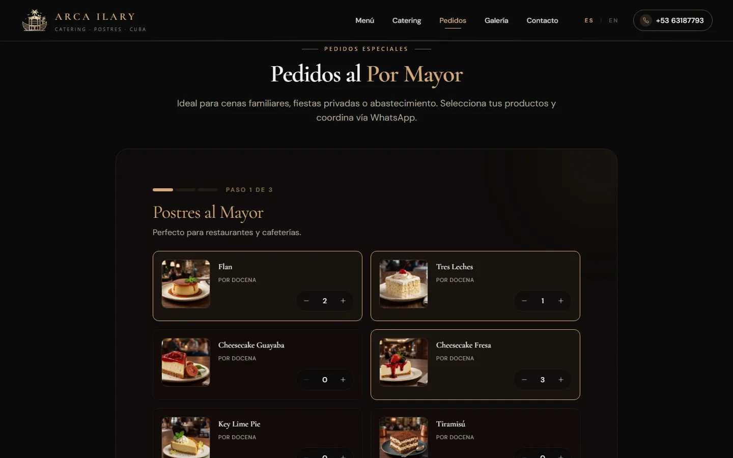 Pedido de postres por docena con cantidades elegidas