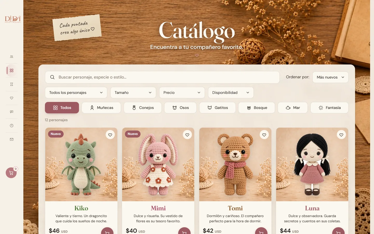 Catálogo de doce personajes de crochet con buscador y filtros por familia