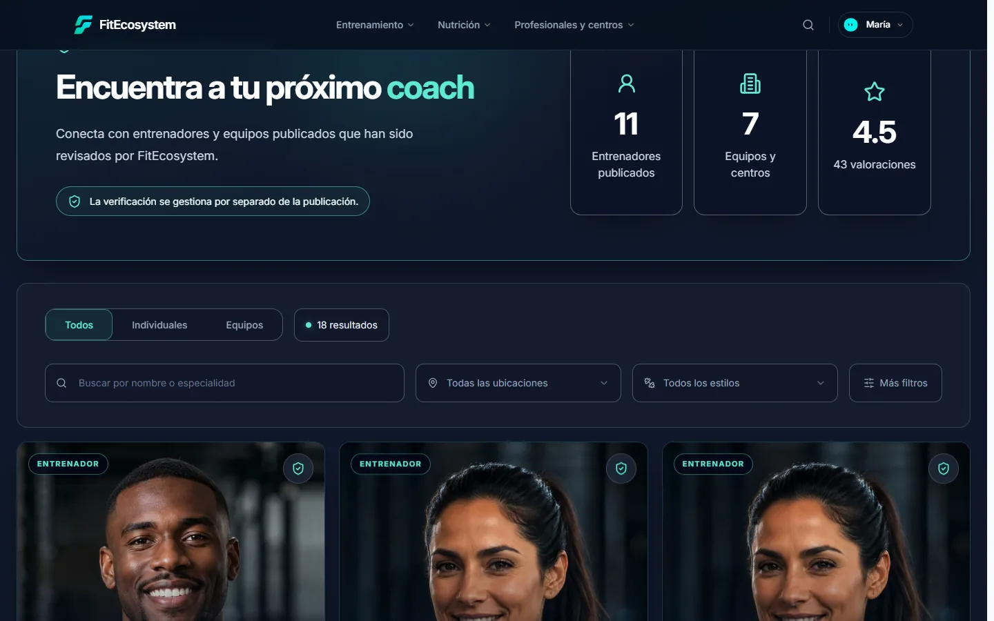 Catálogo de entrenadores y gimnasios con buscador y filtros