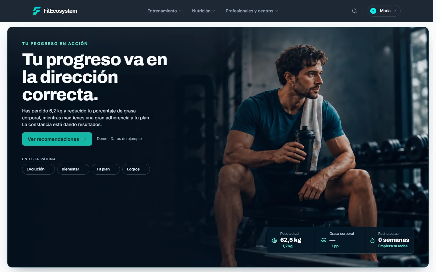 Pantalla de progreso con una gráfica de peso de las últimas doce semanas