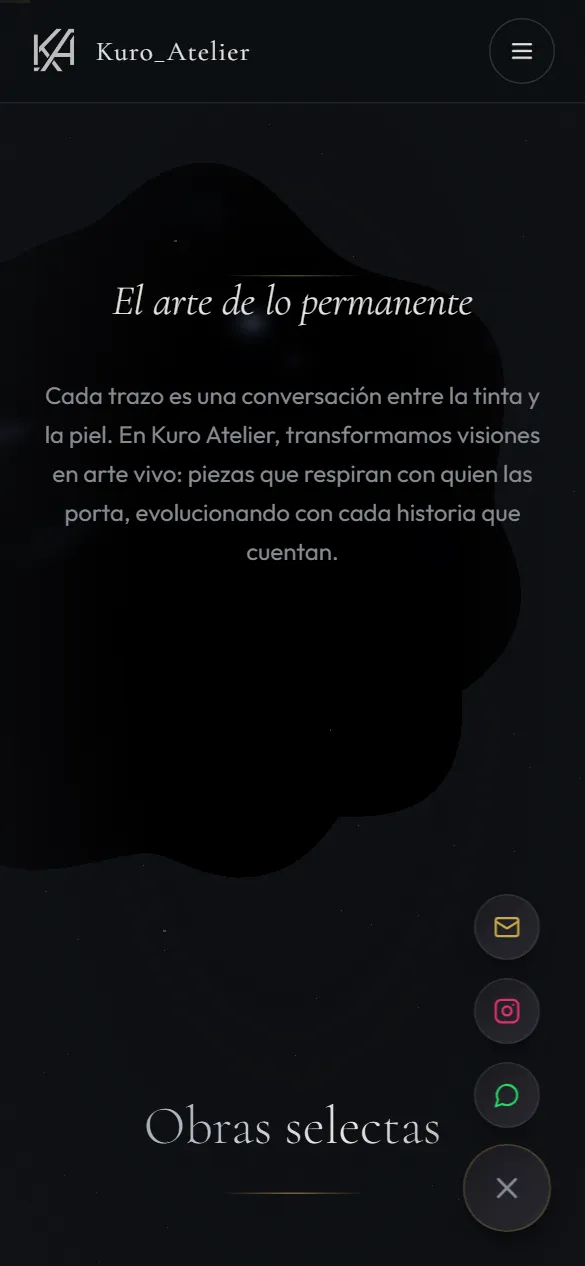 Kuro Atelier en móvil con cabecera fija y el botón de contacto