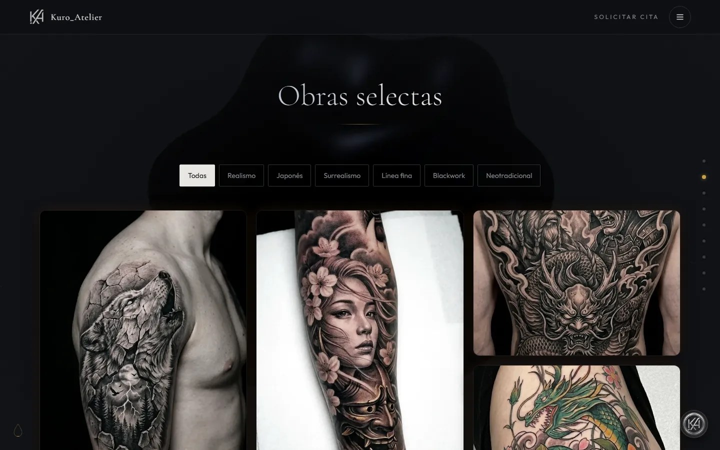 Obras selectas de Kuro Atelier con filtros por estilo y tatuajes en blanco y negro y a color