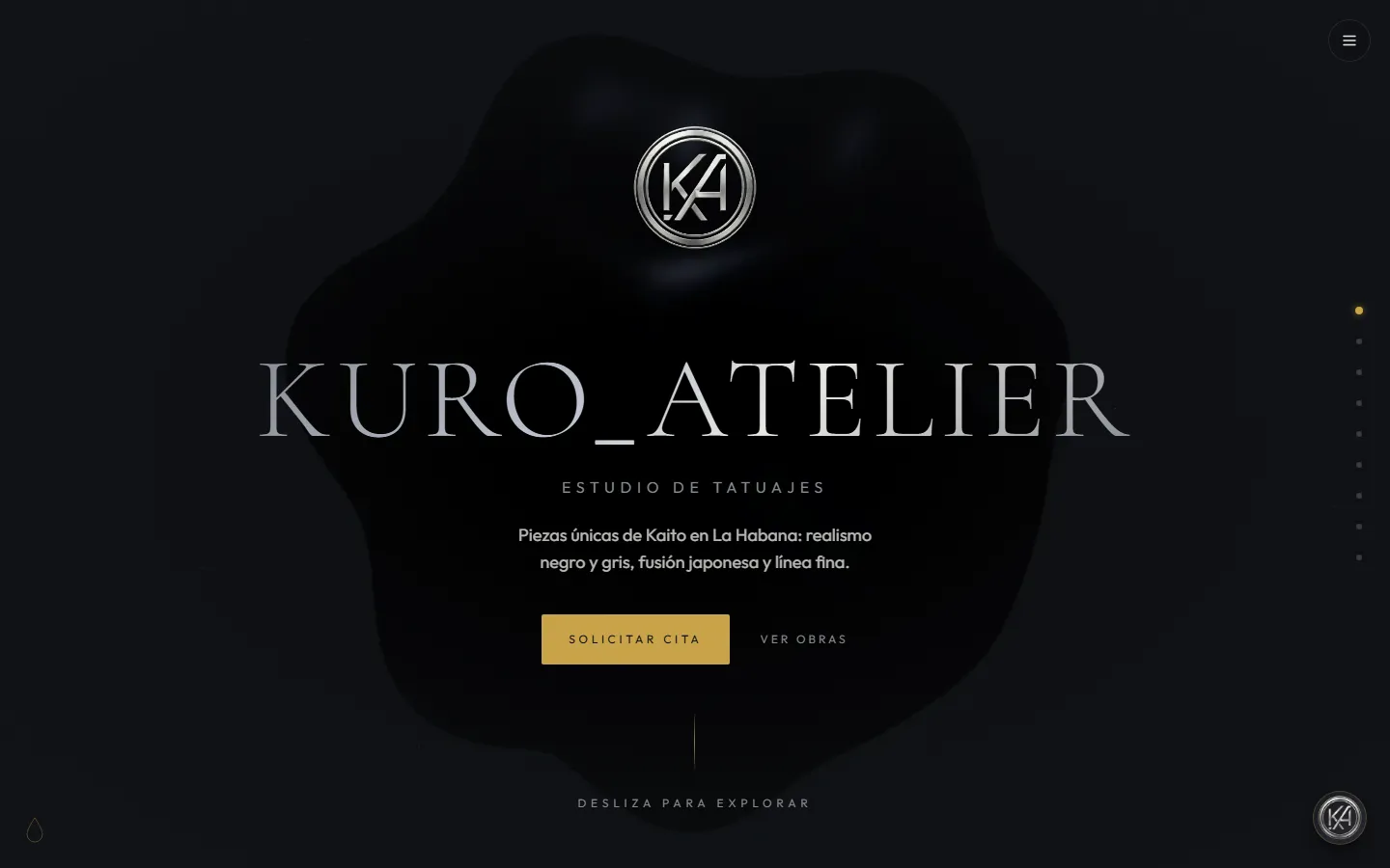 Portada de Kuro Atelier con el sello KA, el nombre del estudio y el botón Solicitar cita, sobre fondo negro