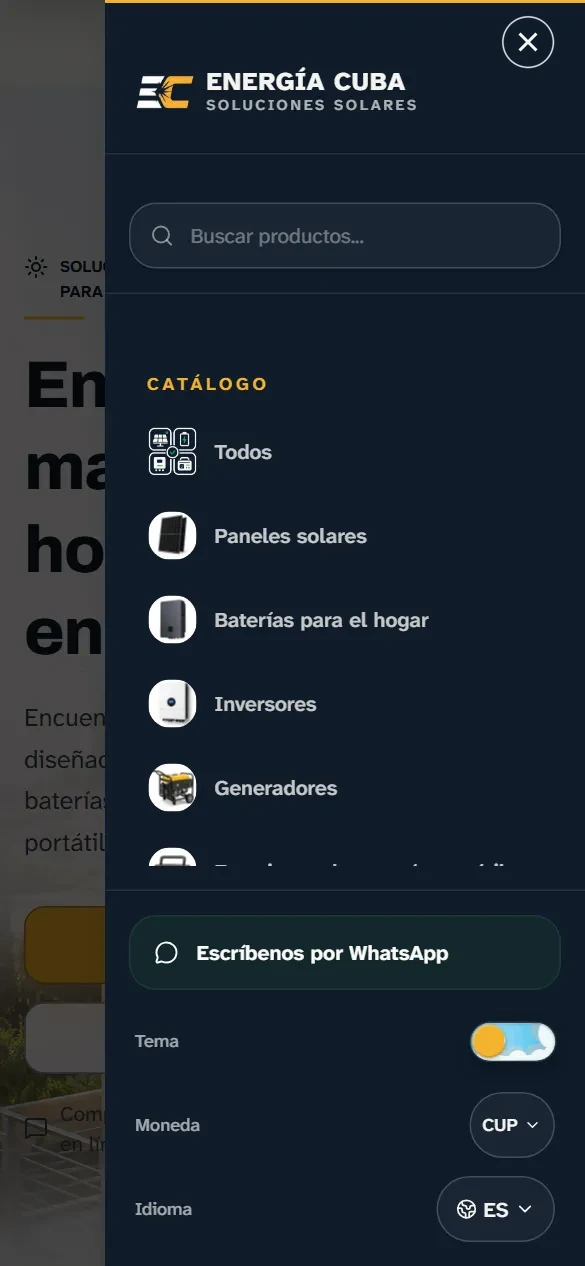 Portada y catálogo de Energía Cuba en móvil
