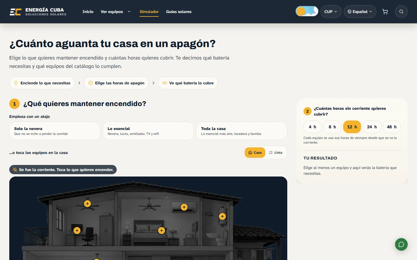 Simulador de apagón con atajos, casa interactiva y selector de horas