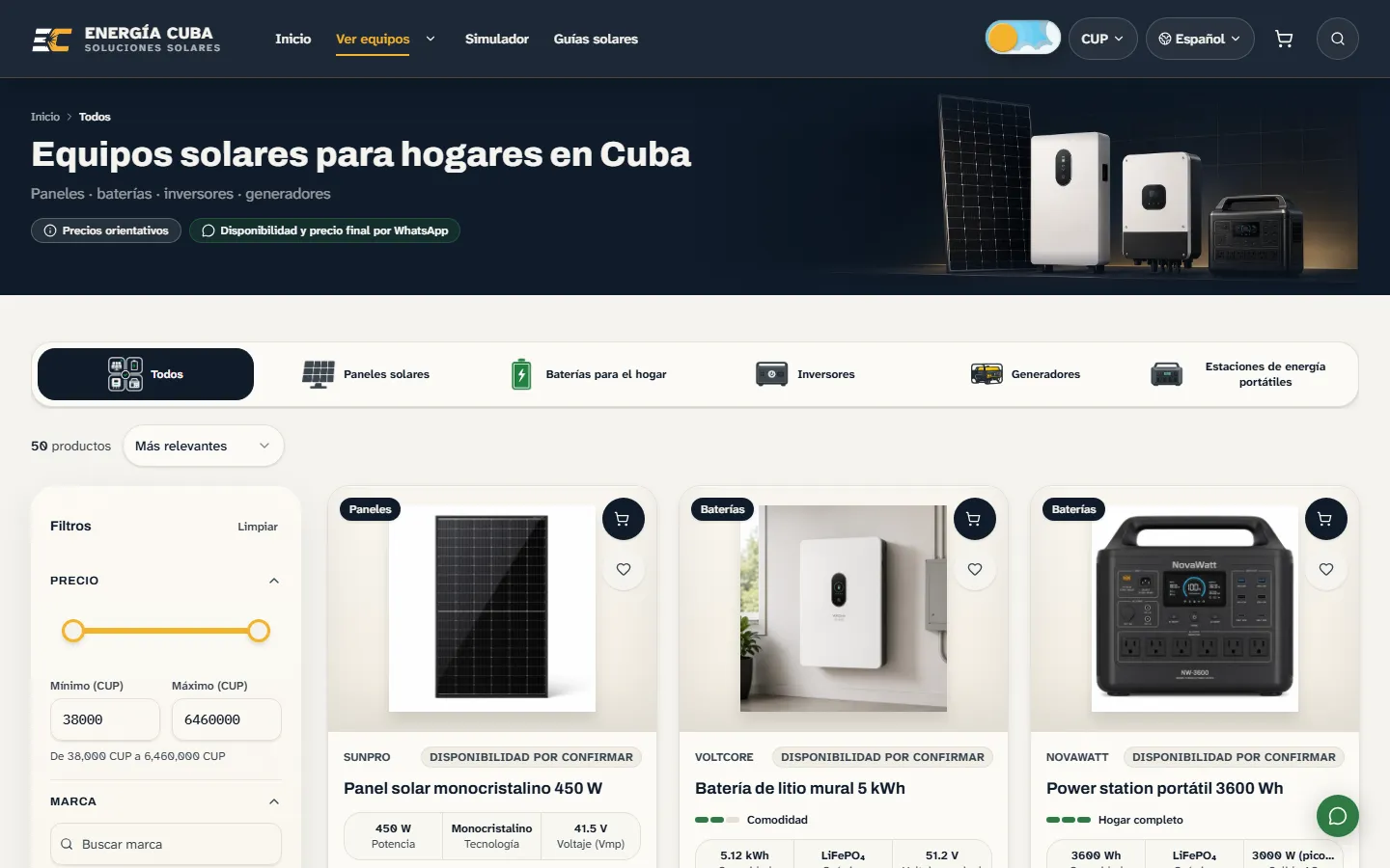 Catálogo de Energía Cuba en modo día y en modo noche