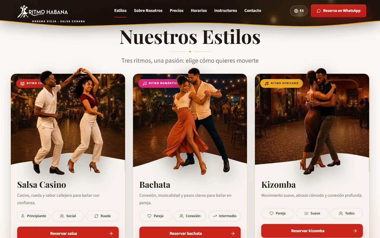 Sección de estilos con salsa casino, bachata y kizomba