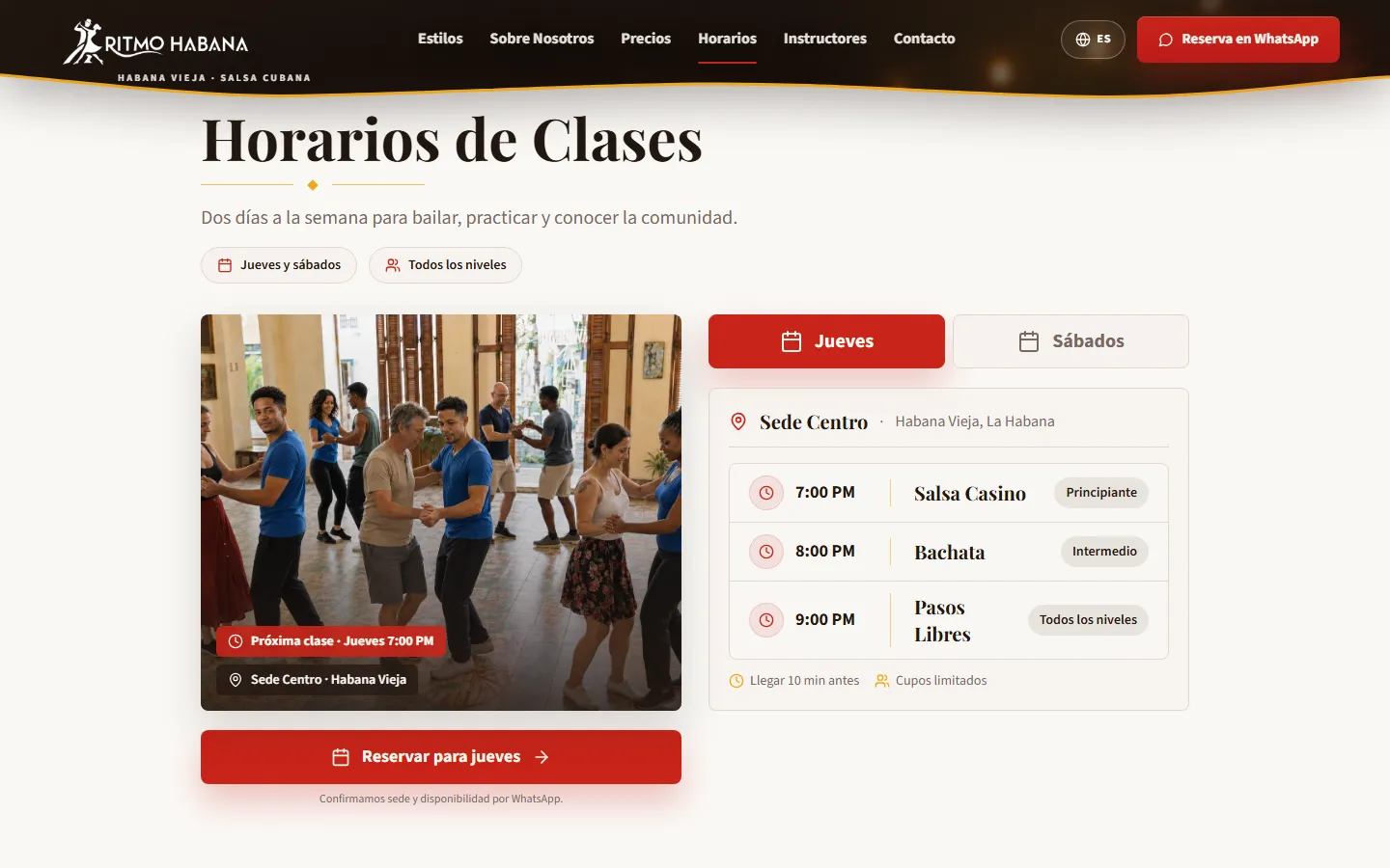 Horario de clases con pestañas para jueves y sábado