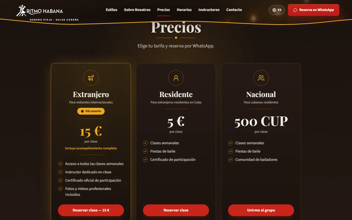 Tabla de precios con tarifas para visitante, residente y nacional