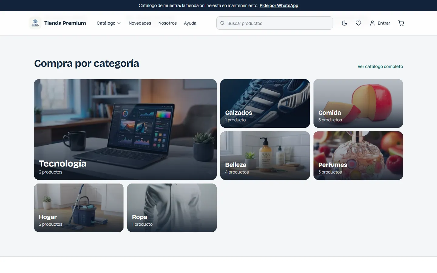 Cuadrícula de categorías de Tienda Premium con foto y número de productos
