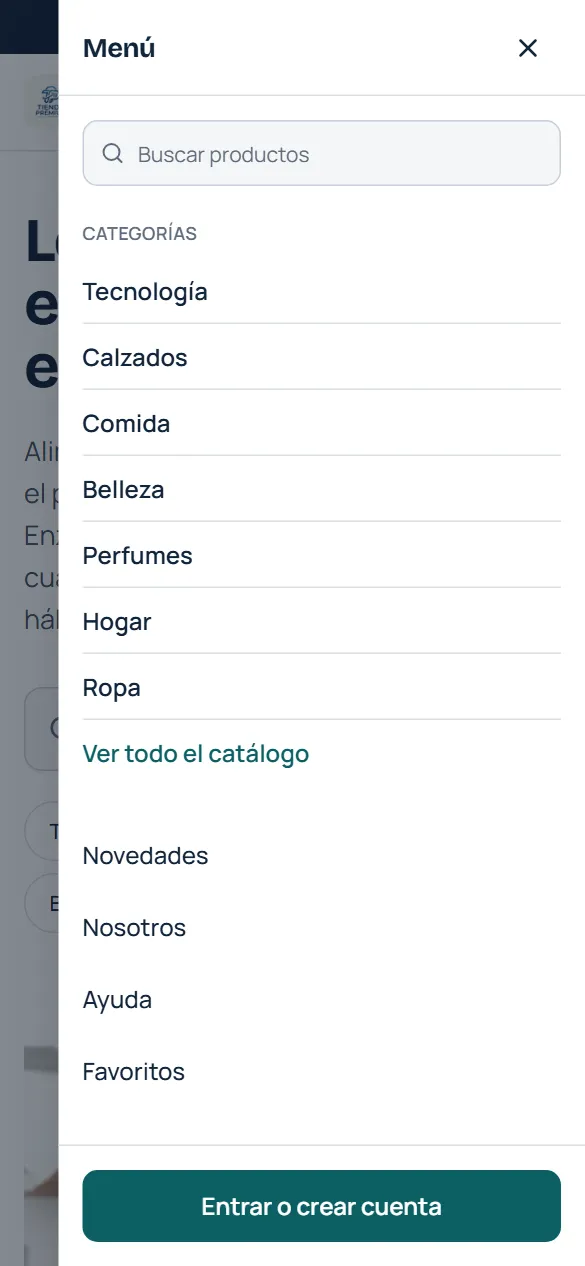 Portada y categorías de Tienda Premium en móvil