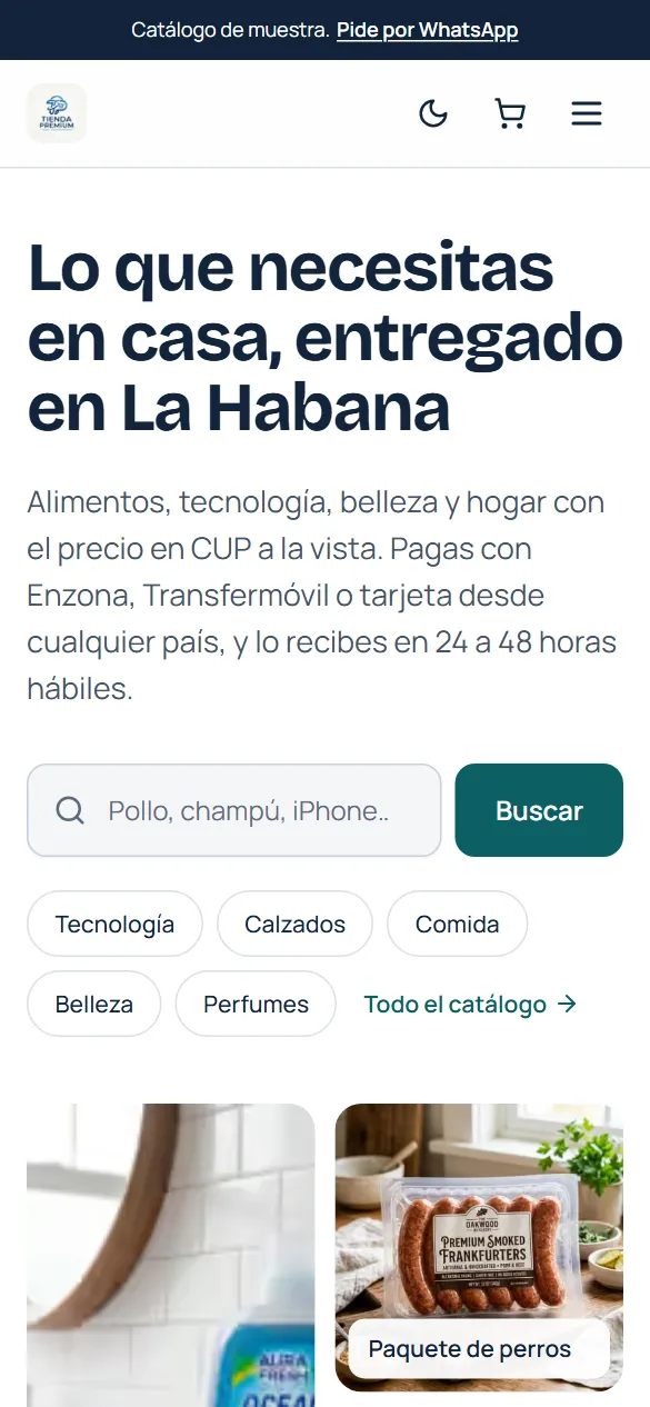 Portada y categorías de Tienda Premium en móvil