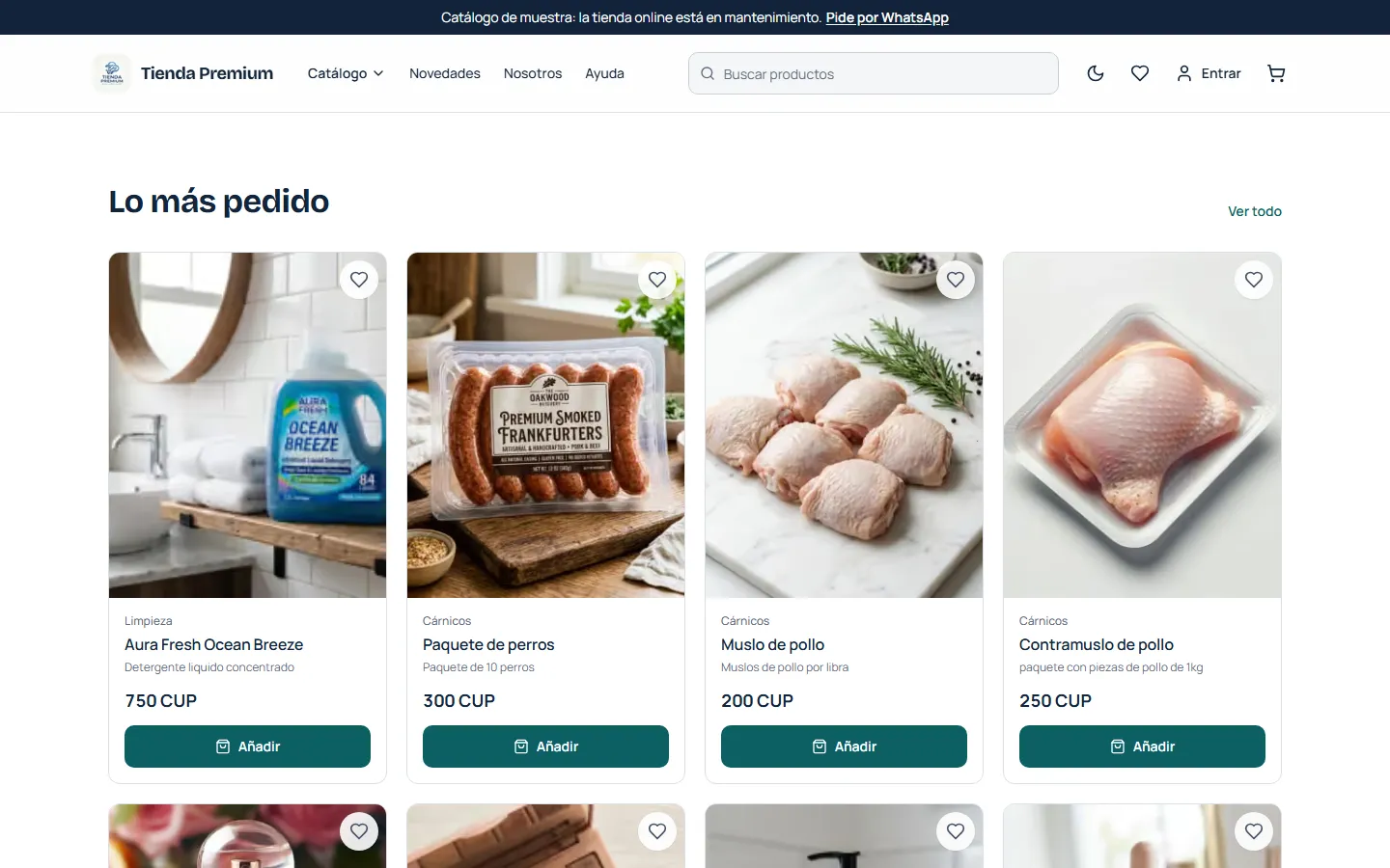 Sección Lo más pedido con tarjetas de producto y precio en CUP