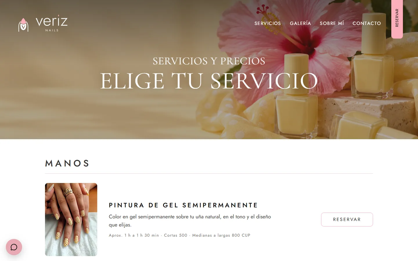 Lista de servicios de Veriz Nails con duración, precio y botón de reservar