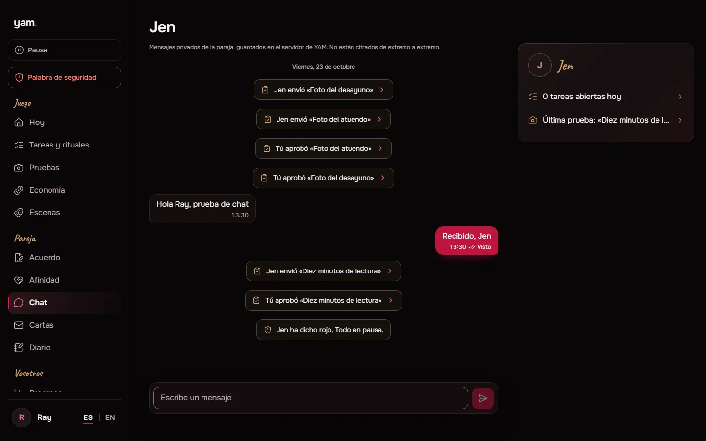 Chat de la pareja con tarjetas de pruebas enviadas y aprobadas