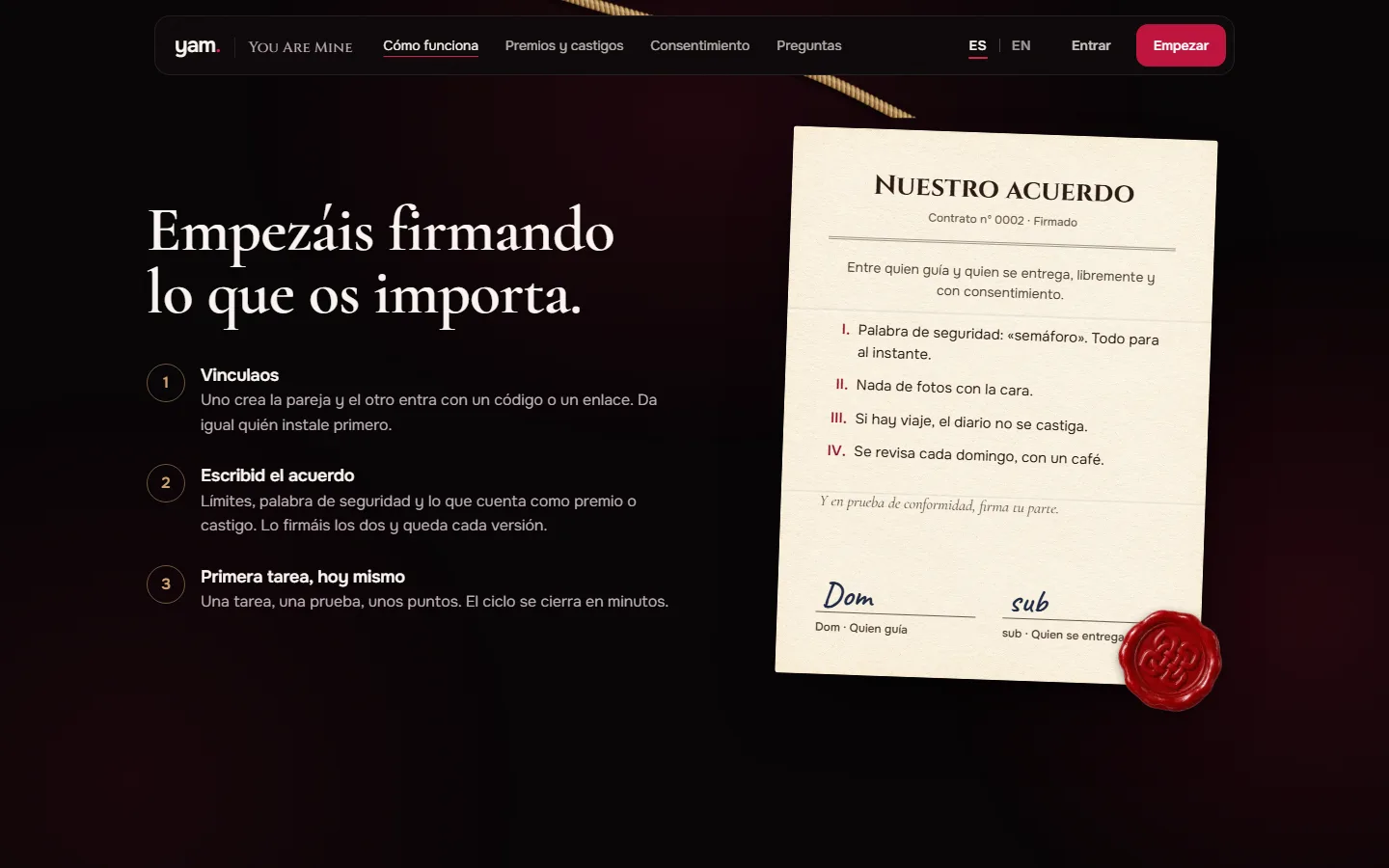 Hoja del acuerdo en papel con cuatro cláusulas, las firmas Dom y sub y un sello de lacre