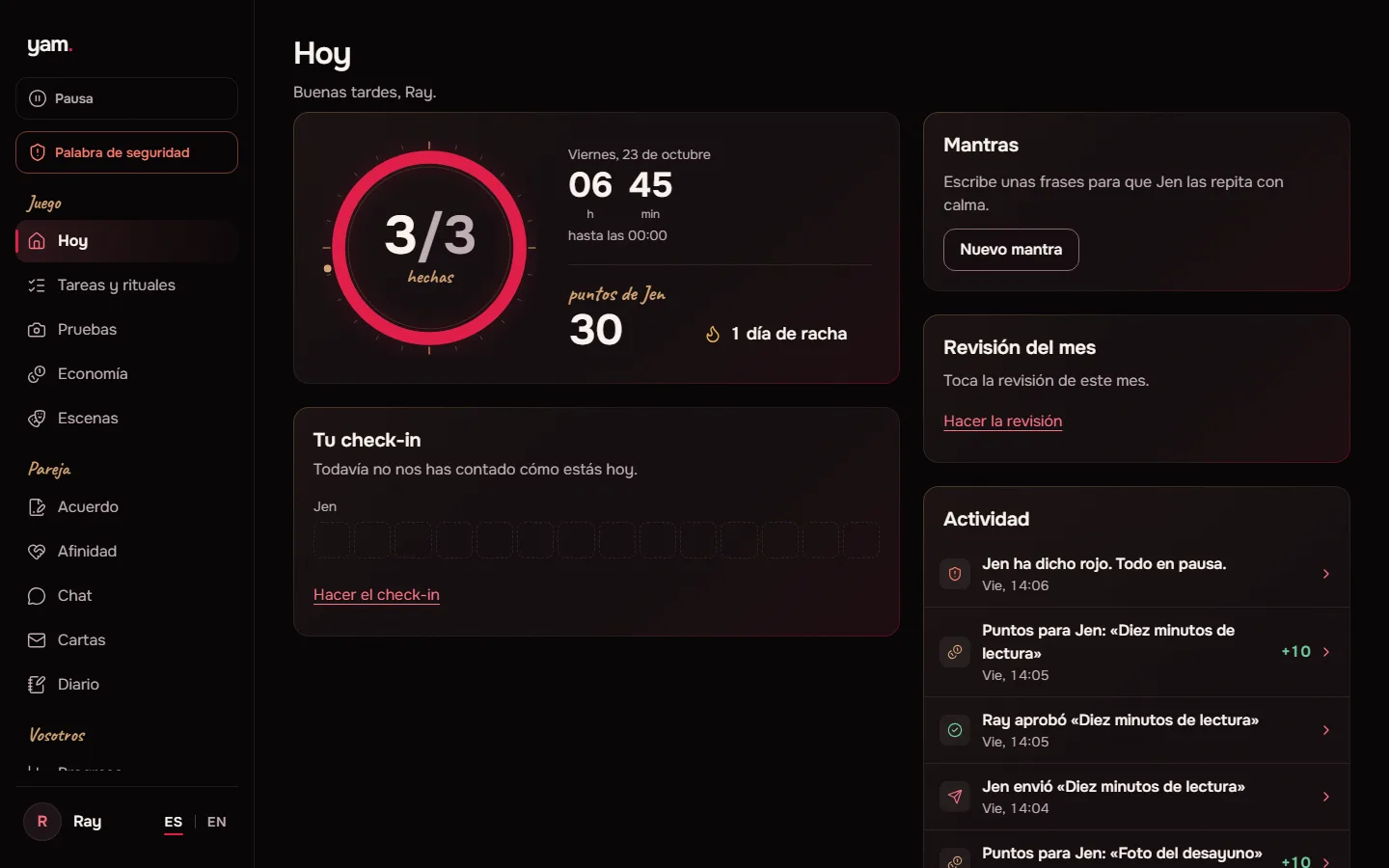 Pantalla Hoy con el anillo de tareas hechas, la cuenta atrás, los puntos y la actividad de la pareja