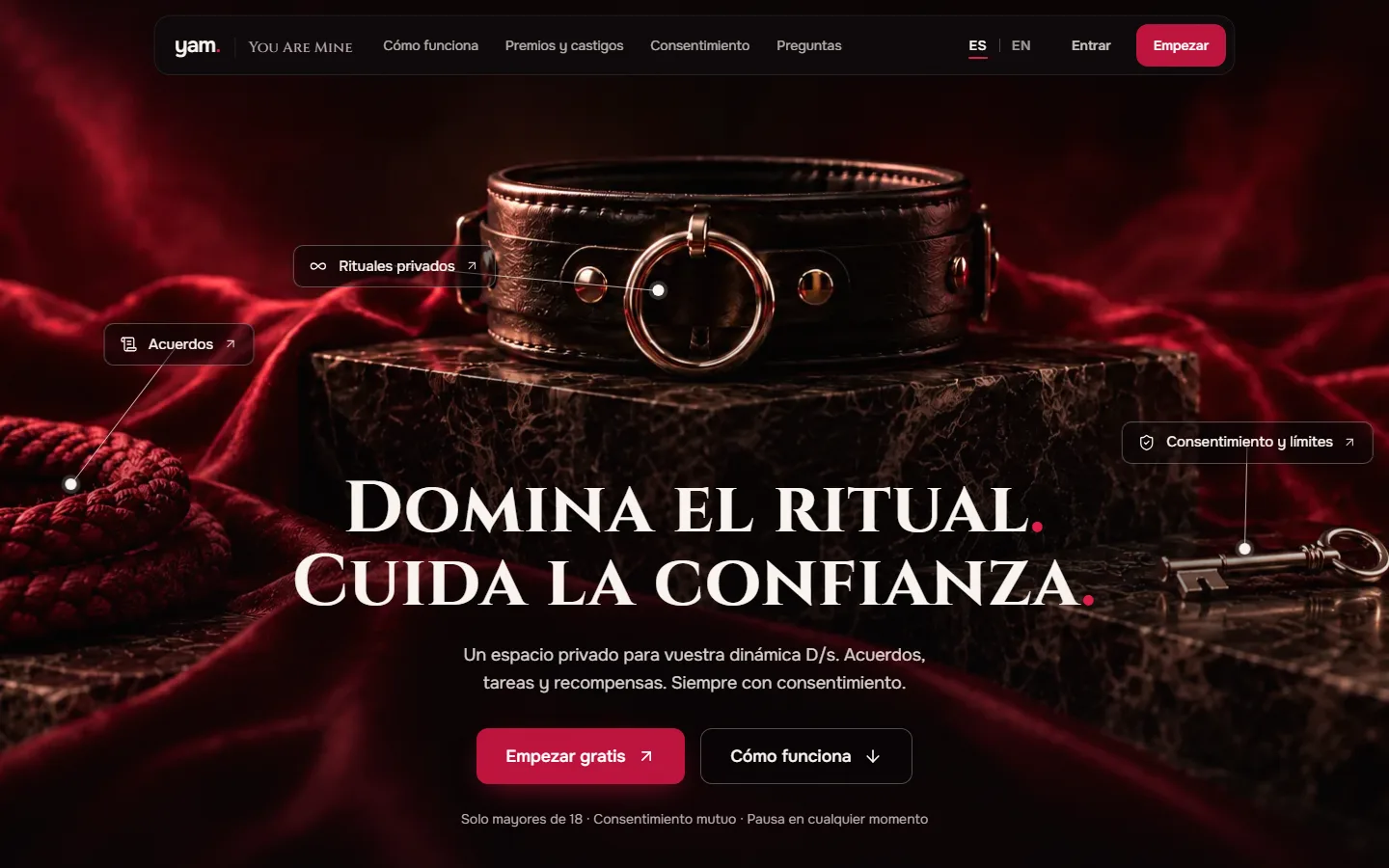 Portada de YAM con un collar de cuero sobre mármol, tres etiquetas y el titular Domina el ritual, cuida la confianza