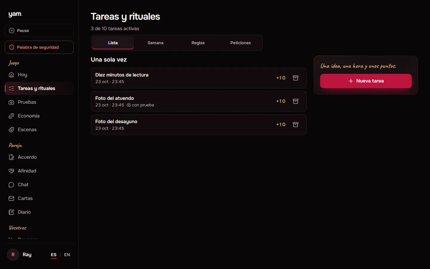 Lista de tareas y rituales con sus puntos y su hora límite